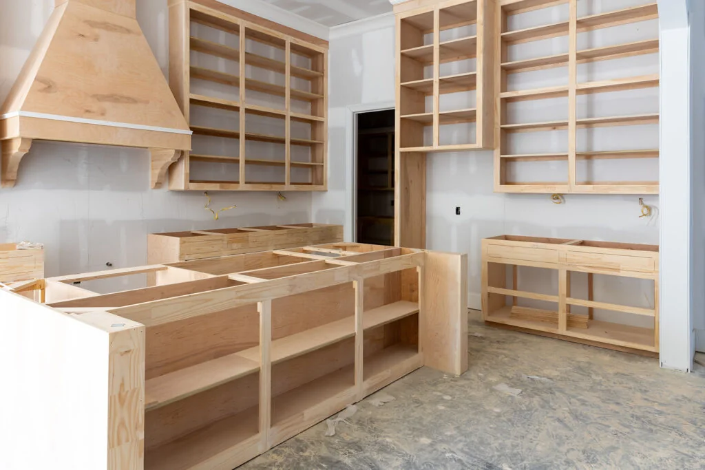 Kitchen cabinetry during installation