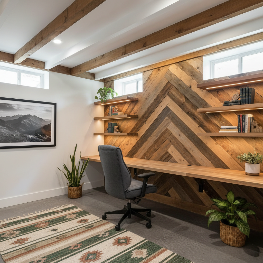 Modern basement home office conversion with exposed beams and rustic design elements in Asheville NC