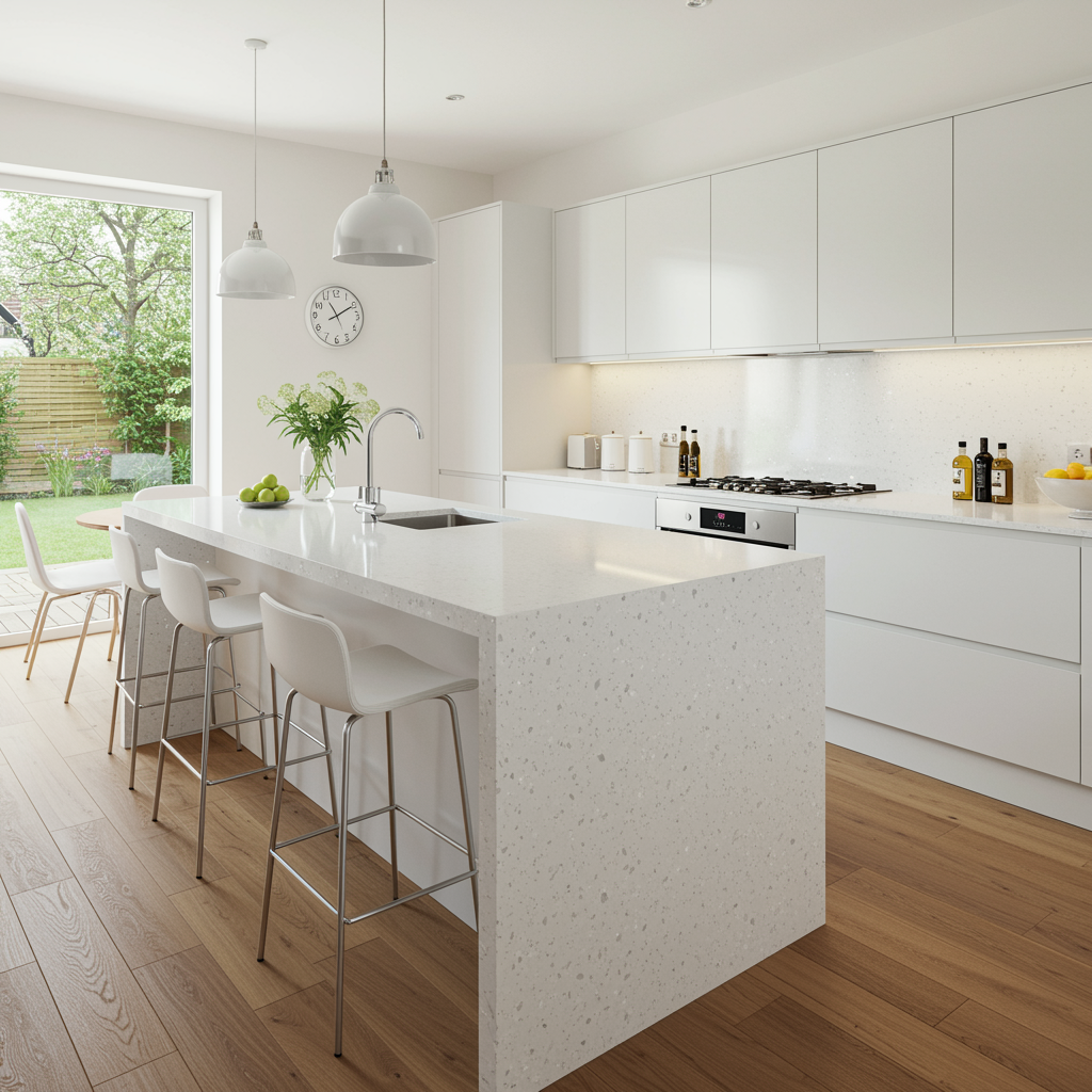 Recycled white glass countertops used in a beautiful residential kitchen.