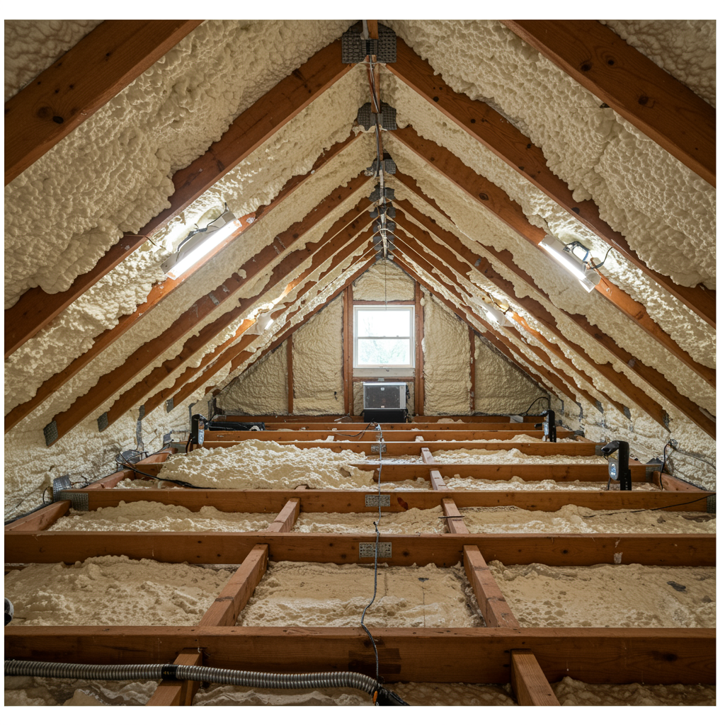 Spray foam insulation in a well-maintained attic space typically found in North Carolina.