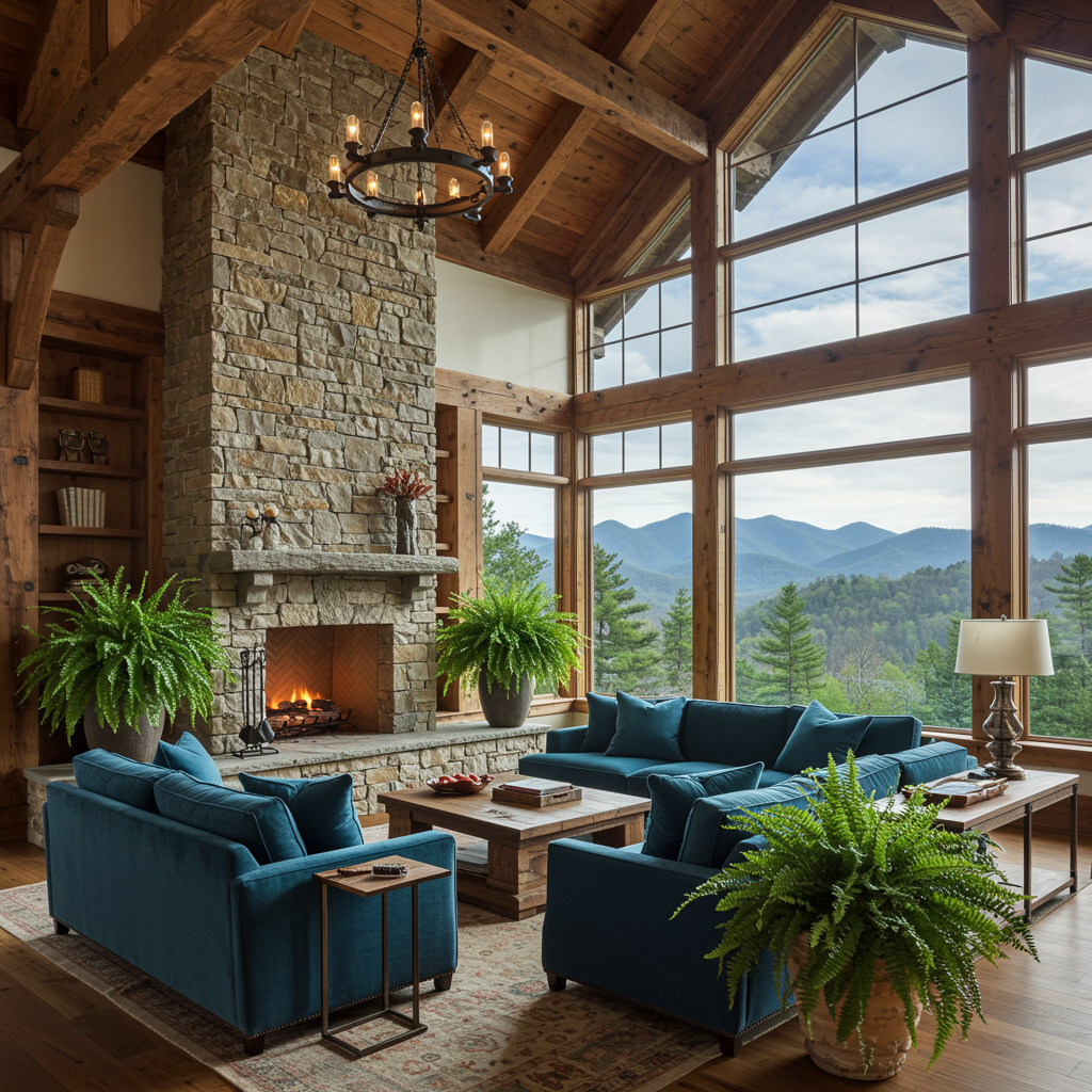 A luxurious living room in the NC mountains with textures like raw wood, natural stone, and strategic placement of plants near windows.