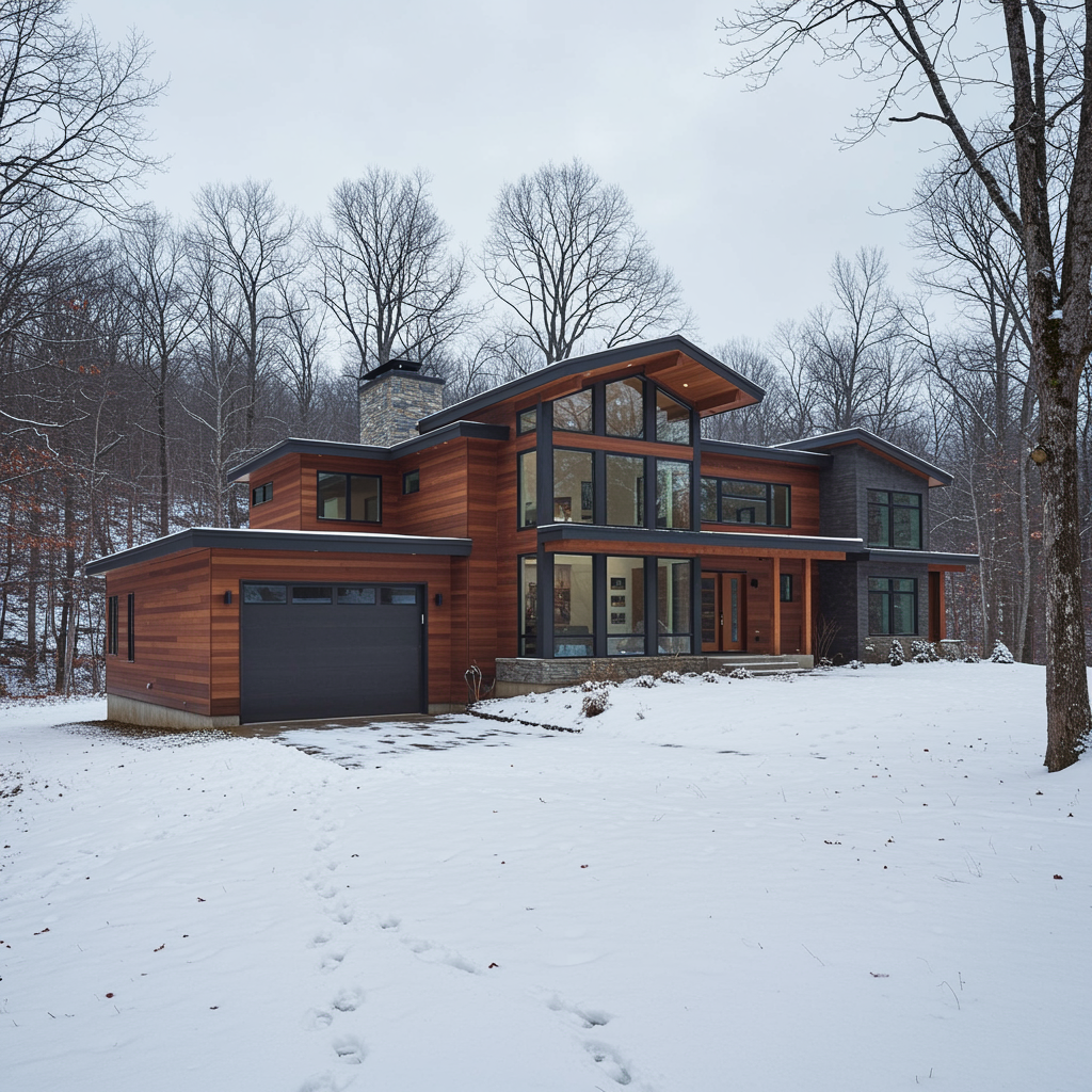 A snowy modern house in Asheville, North Carolina.