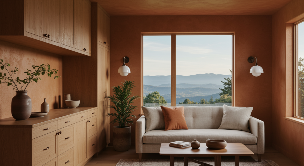 Homeowners across Western North Carolina are moving away from cold grays and embracing natural textures, oak cabinetry, clay colors, and organic materials that reflect the beauty of the Blue Ridge Mountains.