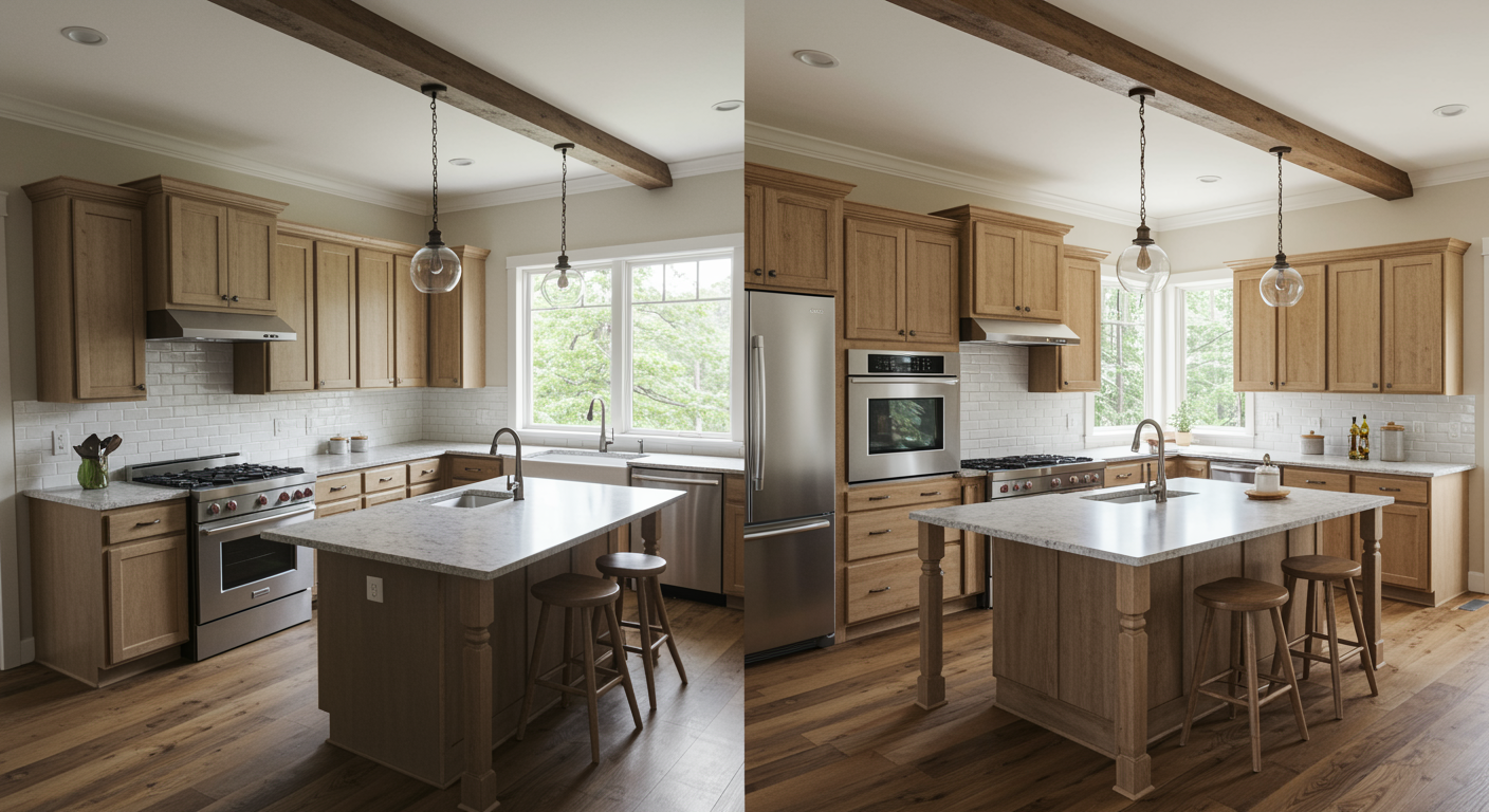 A split-image kitchen renovation in a mountain home, left side showing cabinet refacing transformation (same layout, updated modern shaker cabinets), right side showing full remodel with completely new layout, bright natural lighting, Asheville mountain home aesthetic, realistic, high detail