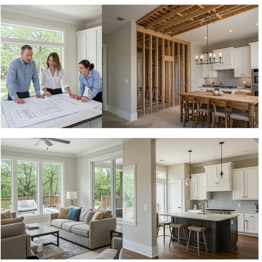 A high-end residential home renovation timeline shown in a single cinematic image, divided into three natural stages from left to right: homeowner and contractor reviewing architectural plans, active home renovation with framing and construction in progress, and a stunning finished modern kitchen and living space.