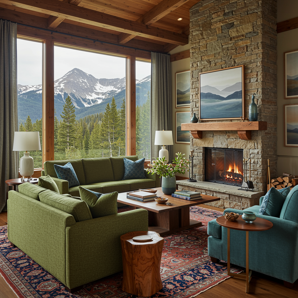Luxury mountain home interior with natural light, featuring a refined palette of muted sage green, deep navy, warm olive, terracotta, and muted peacock blue.