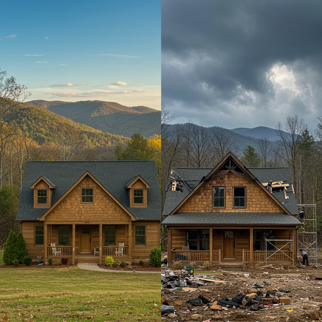Split-screen image showing a Western North Carolina mountain home before and after disaster restoration