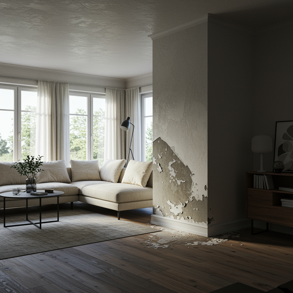 a photorealistic image of an interior of a house with hidden water damage.