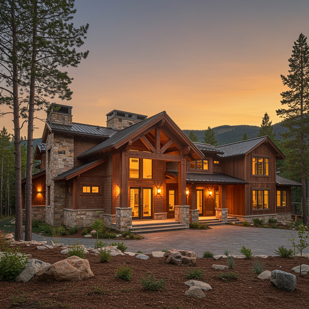 Custom mountain home exterior at golden hour
